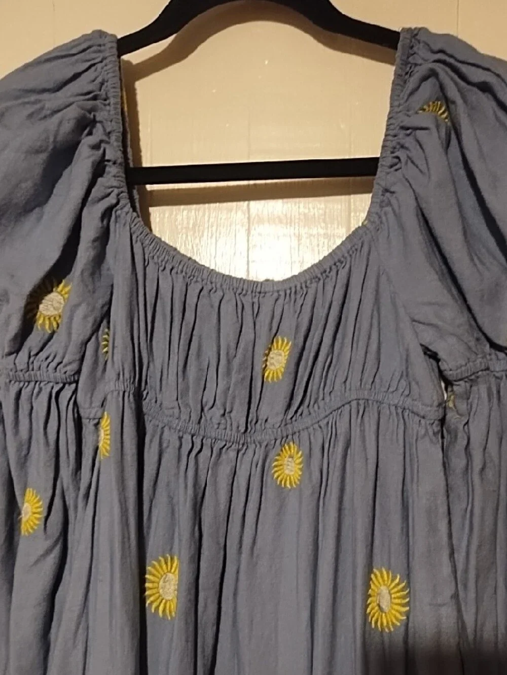 Like New XS Free People Blue Long-Sleeve Embroidered Sun Motif Dress Gorgeous.